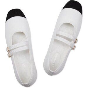 Frank Mully Women's White Fabric Square Toe Mary Jane Ballet Flats with Strap